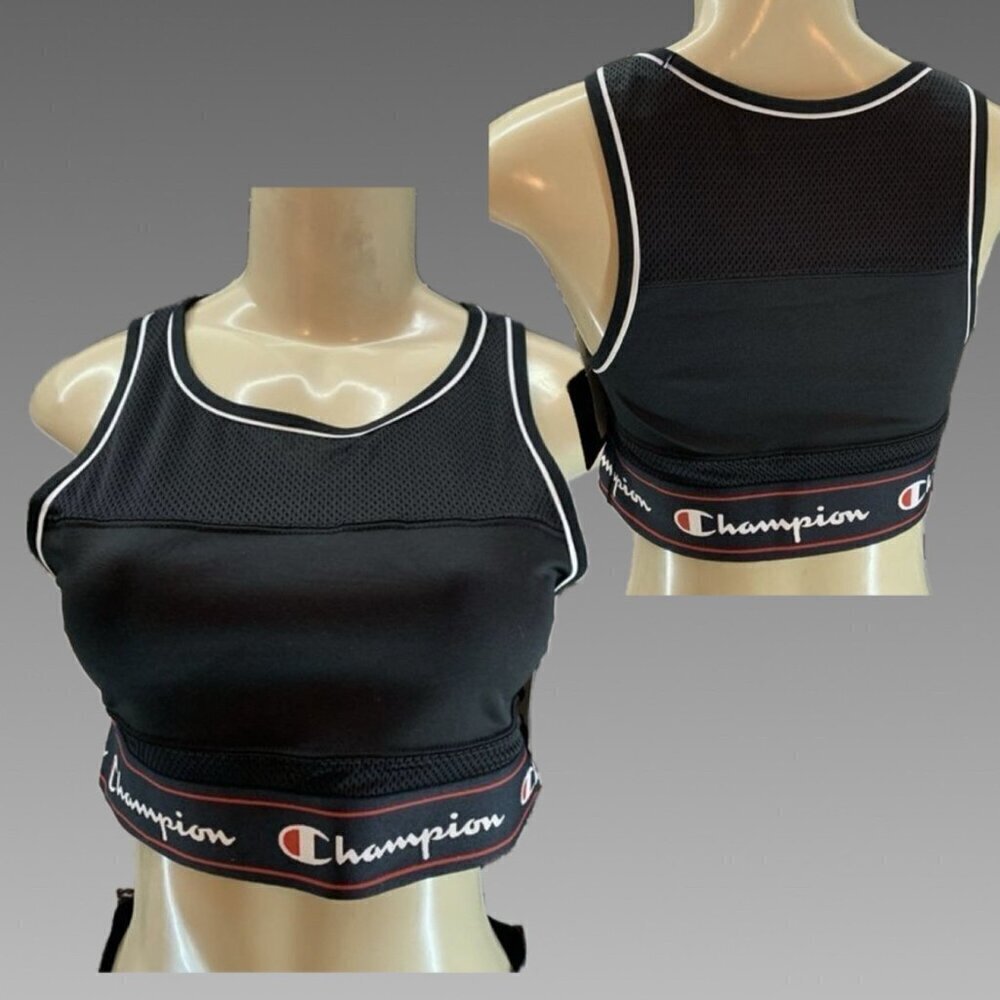 Champion L Black Mesh Detail Lined Logo Crew Neck Moisture Wicking Sports Bra